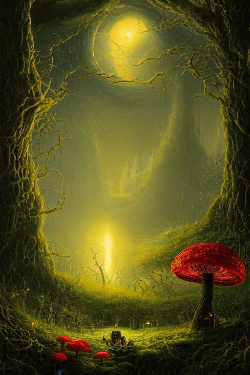 a beautiful digital landscape painting of a detailed gothic fantasy fireflies and roots, dark mushroom, flowers by benoit b. mandelbrot, steven belledin, martin johnson heade, lee madgwick, caspar david friedrich, and david rios ferreira. 8 k resolution trending on artstation concept art digital illustration 