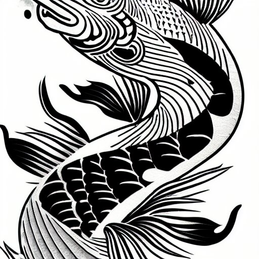 black and white tattoo of koi fish with camelia flowers, on white background, japanese traditional style, stylized, 