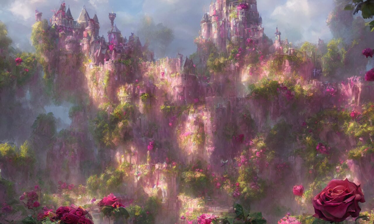 concept art of the colorful rose castle, spectacular, magnificent, fantasy, artstation, render by blender, by krenz cushart 