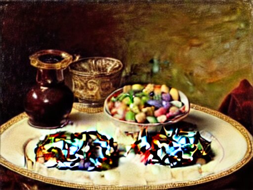 opulent banquet of plates of freshly baked chocolate chip cookies, jelly beans, chocolate sauce, marshmallows, highly detailed, food photography, art by rembrandt 