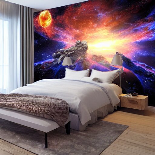 a cozy bedroom interior with wall murals of incredible fantasy space art, detailed, high resolution, wow!, intricate, volumetric lighting, raytracing 