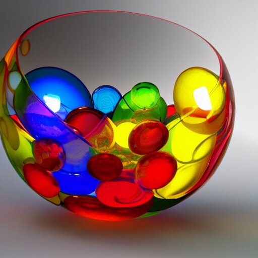 Lexica - Glass art bowl filled with colored glass ball shapes, colorful