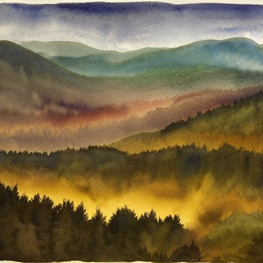 a beautiful watercolor painting of an epic appalachian wilderness at dawn by georgia o'keeffe, wide angle shot, godrays, mystical, deep shadows, epic scale 