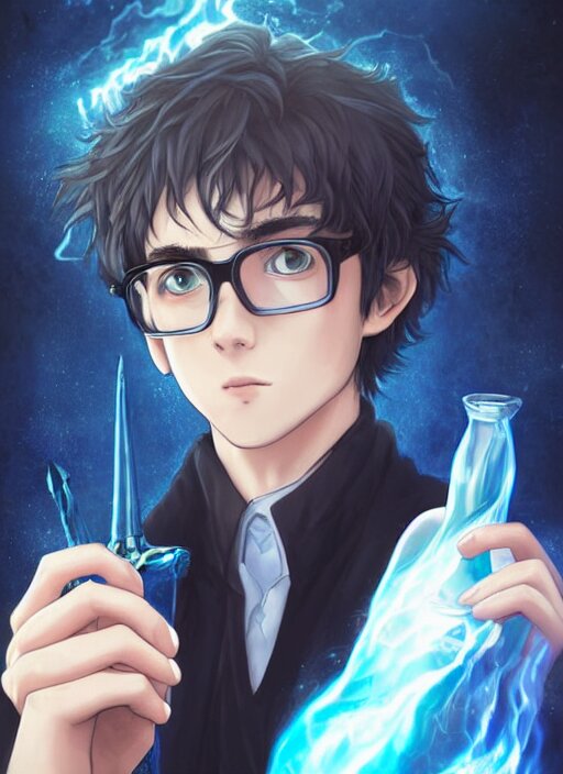 digital art, sharp focus, close - up, character portrait, a seventeen years old male!! ravenclaw wizard black, slightly wavy hair, wearing browline!! glasses!!! with a potion bottle!!!, blue shiny lighting, beautiful fantasy art, film still, masterpiece, award winning, symmetry, by artgerm and hayao miyazaki, by rutkowsky, by alphonse mucha, artstation, hq, trending on artstation 