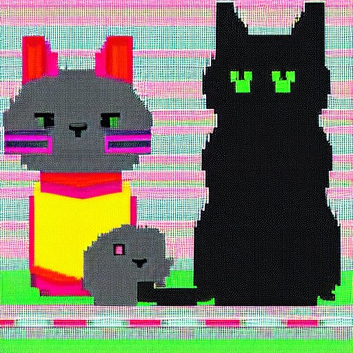 8-bit art of a black cat and gray mouse, 80s, vivid colors