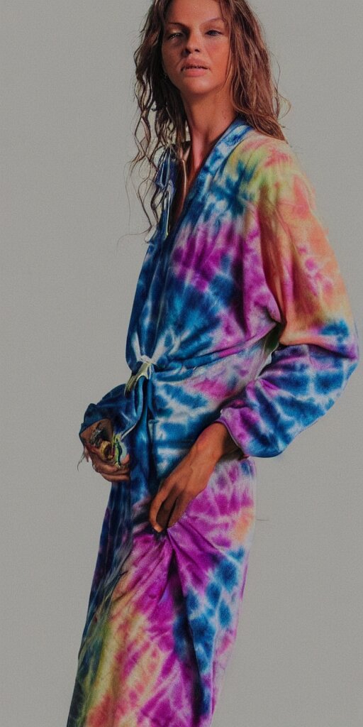 a beautiful woman model dressed in a tie - dye dress, studio photo, hyperrealistic 