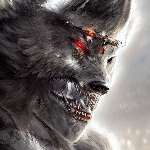 portrait painting of a cybernetic werewolf warrior with white fur and silver fangs wearing black power armor, ultra realistic, concept art, intricate details, eerie, highly detailed, photorealistic, octane render, 8 k, unreal engine. art by artgerm and greg rutkowski and alphonse mucha 