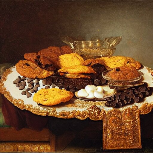 opulent banquet of plates of freshly baked chocolate chip cookies and jelly beans, chocolate sauce, marshmallows, delicious, glistening, highly detailed, food photography, art by rembrandt 