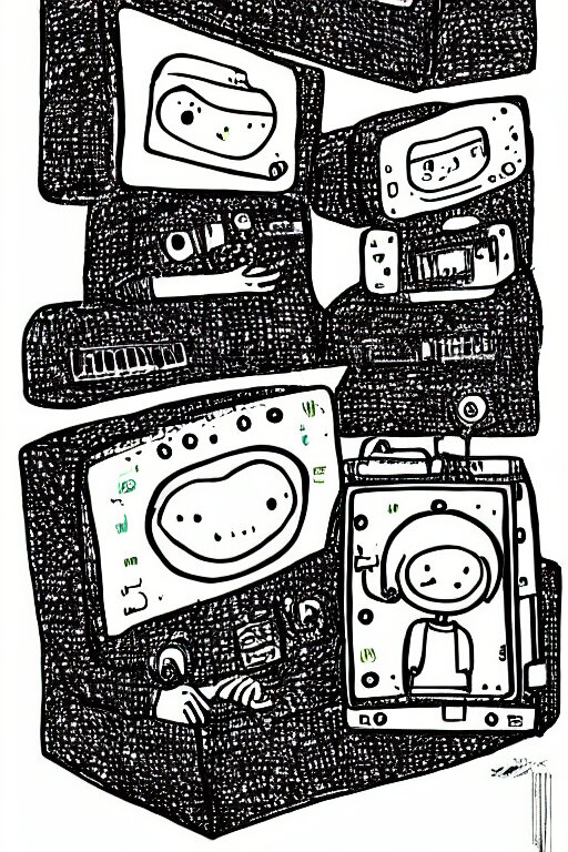 an illustration of robots watching tv in the style of goodnight moon by margaret wise brown 