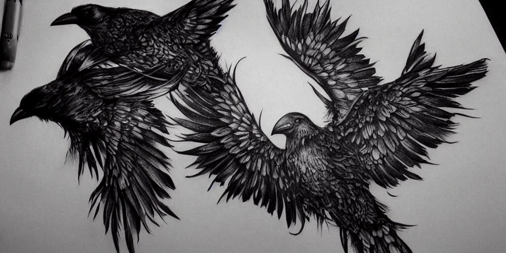 realistic tattoo designs drawn on paper, dark crow, cry, scream, golden, goddess, delicate, hyper realism, tim burton, ink, ultra realistic, 8 k 