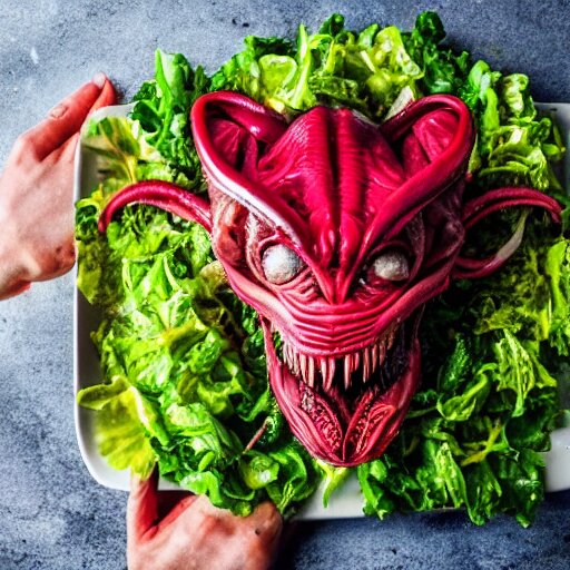 a plate of food made of salad and huge alien xenomorph, award winning photographer, food photography 