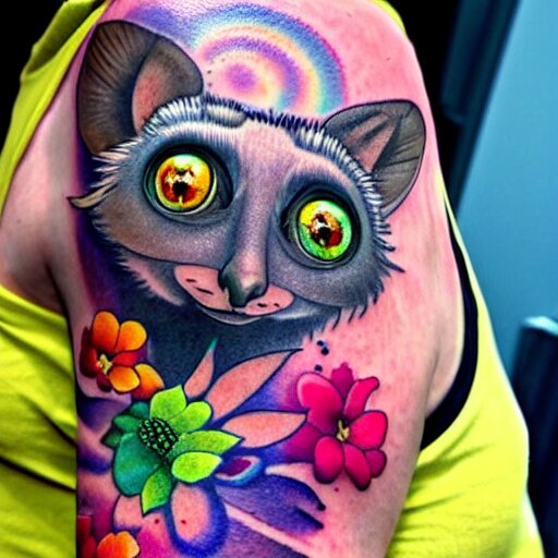 shoulder tattoo of a multicolored trippy dancing bushbaby with rainbow colored spiral eyes, surrounded by colorful flowers 