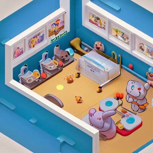 a chubby cute pokemon gym room, 3 d illustration, isometric, 1 0 0 mm, studio lighting 