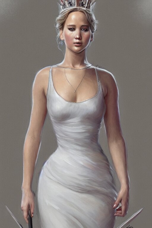 Jennifer Lawrence as Queen wearing a White Dress, anatomy, only two hands, highly detailed, digital painting, artstation, concept art, smooth, sharp focus, illustration, Unreal Engine 5, 8K, art by art by artgerm and greg rutkowski and edgar maxence