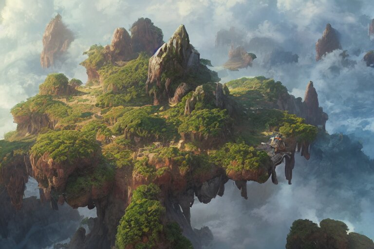 an island in the clouds, concept art, highly detailed, artstation, trending, widescreen resolution, feng zhu, shaddy safadi, noah bradley, tyler edlin, jordan grimmer, darek zabrocki, neil blevins, tuomas korpi 