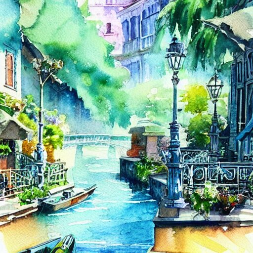 Beautiful happy picturesque charming sci-fi town in harmony with nature. Beautiful light. Water and plants. Nice colour scheme, soft warm colour. Beautiful detailed watercolor by Lurid. (2022)