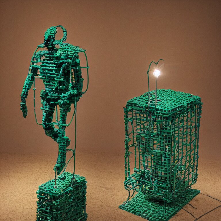 hyperrealistic sculpture of a bronze fossilized ancient lego mindstorms archelon dusted with saffron and deep blue and grass green spraypaint and beeswax in a grid cage on a pedestal by ron mueck and duane hanson and lee bontecou, hyperrealistic dramatic colored lighting trending on artstation 8 k 