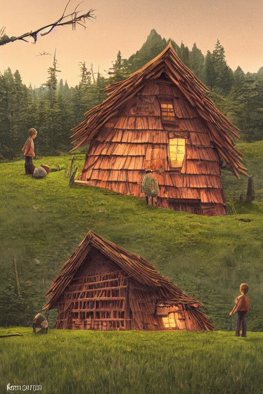 an awesome twilight day concept art of old hut standing at giant hen's legs, by kengo kuma and wes anderson with village, mixed development, cgsociety, fantastic realism, artstation hq 