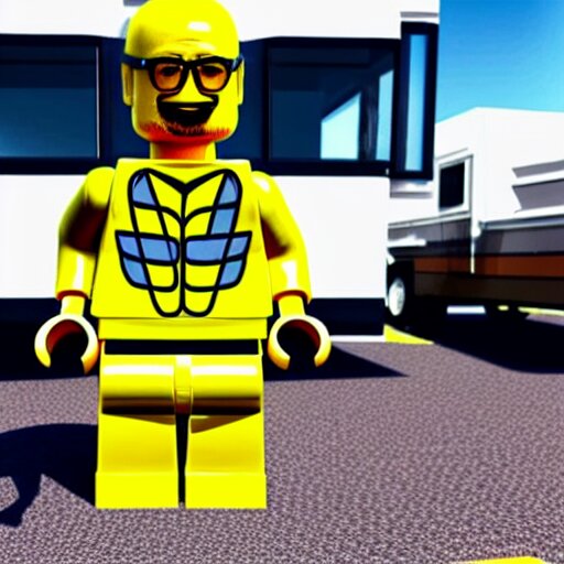 realistic lego set of walter white from breaking bad standing in underwear outside rv in arizona desert 