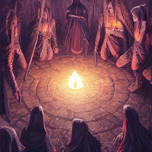 female acolytes using demonic summoning circle to summon a demonic knight. incredible detail. by magali villeneuve and by wlop 