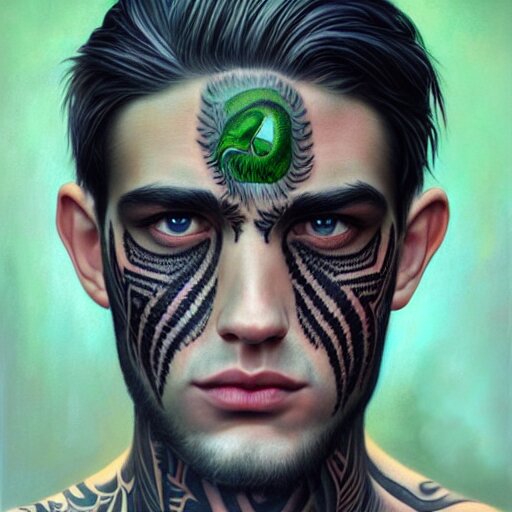 ultra realistic portrait painting of a perfect handsome man green eyes black and grey hair, neck tribal snake tattoo,  painted by Tristan Eaton Stanley Artgerm and Tom Bagshaw