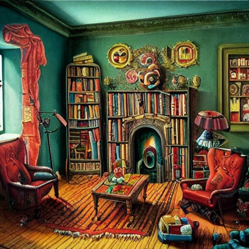 a painting of a living room filled with furniture, a surrealist painting by jacek yerka, cgsociety, fantastic realism, maximalist, surrealist, detailed painting 