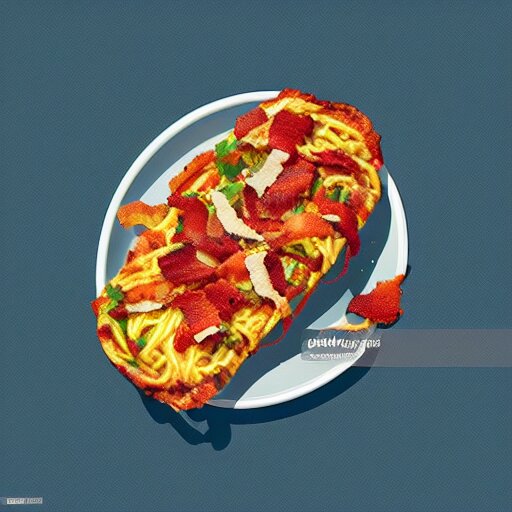 a bowl of spaghetti an omlette and a slice of bacon sitting on a bench, trending on artstation, vector 