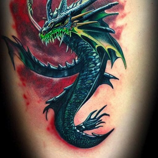 dark and vibrant fantasy dragon!!! drake wyvern, black and emerald dragon!!, forearm tattoo