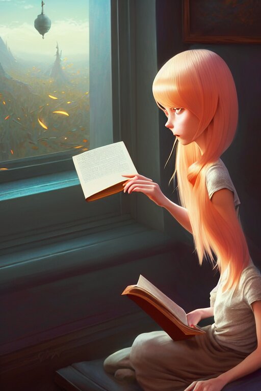 highly detailed portrait of beautiful girl reading a book, hair flowing down, in pixar inside out, dynamic pose, stephen bliss, unreal engine, fantasy art by greg rutkowski, loish, rhads, ferdinand knab, makoto shinkai and lois van baarle, ilya kuvshinov, rossdraws, tom bagshaw, global illumination, radiant light, detailed and intricate environment 