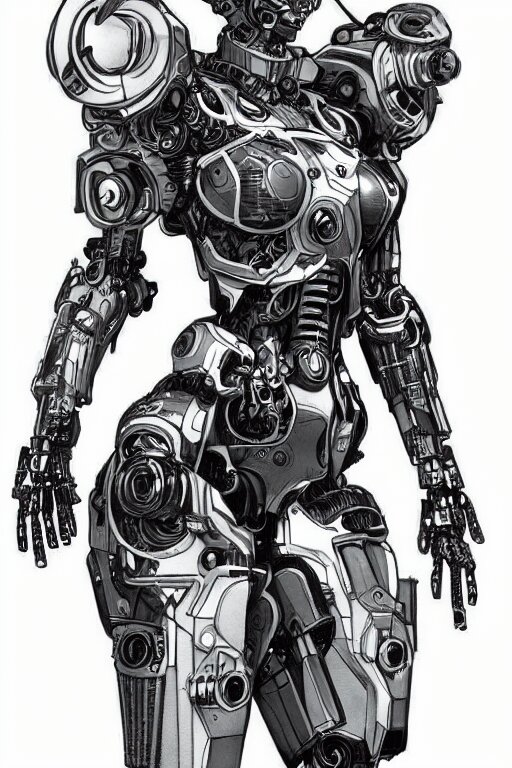 full body illustration female cyborg, highly detailed, sumi - e art, suiboku - ga ink, by kim jisu, pen and ink monochrome, mecha, deviantart, artstation, pinterest 