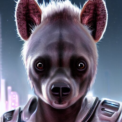 very cute baby cyborg hyena, realistic concept art, cyberpunk 