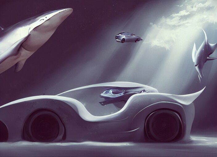 beautiful concept design of a car that looks almost like a fish, a shark or a whale. car design by cory loftis, fenghua zhong, ryohei hase, ismail inceoglu, ruan jia, henrik fisker, bruce kaiser, scott robertson, dmitry mazurkevich, doruk erdem, and jon sibal. volumetric light 