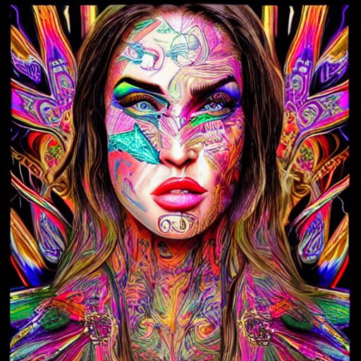 an extremely psychedelic portrait of megan fox as mgk, surreal, lsd, face, detailed, intricate, elegant, lithe, highly detailed, digital oth, sharp focus, illustration, 