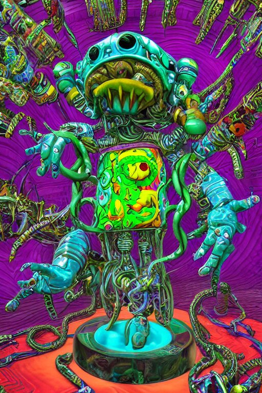 hyper-maximalist lowbrow style overdetailed 3d sculpture of a monster by clogtwo and ben ridgway inspired by beastwreckstuff chris dyer and jimbo phillips. Cosmic horror infused retrofuturist style. Hyperdetailed high resolution. Render by binx.ly in discodiffusion. Dreamlike surreal polished render by machine.delusions. Sharp focus. 