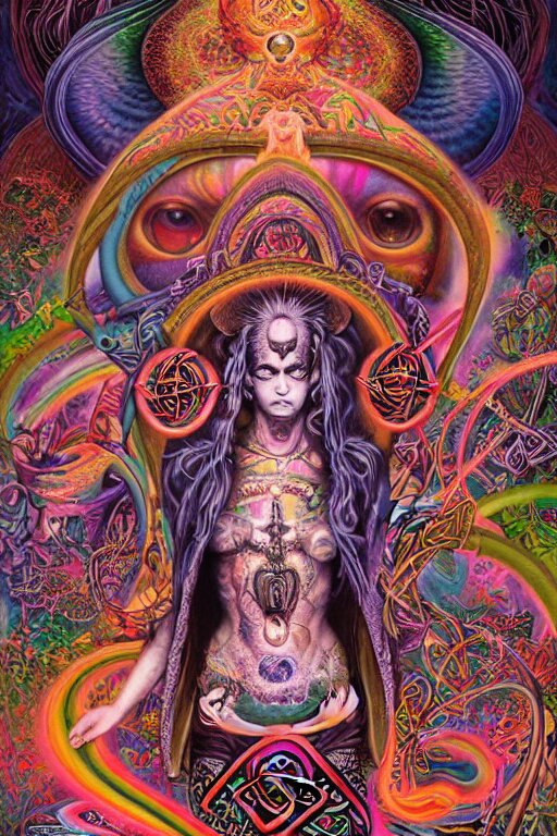 psychedelic shaman, lisa frank, wearing celtic tattoos, inside an epic, ancient temple, ayami kojima, greg hildebrandt, mark ryden, hauntingly surreal, eerie vibrating color palette of charlie immer, highly detailed painting by, jenny saville, soft light 4 k 