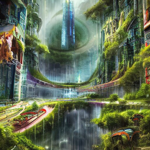 nature covered sci-fi city, magical