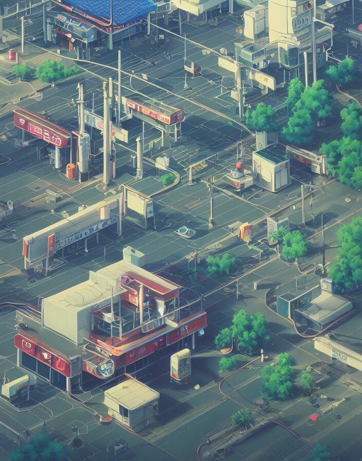 Lexica STUDIO GHIBLI, gas station, in a flying city, solar, green technology, optimist future