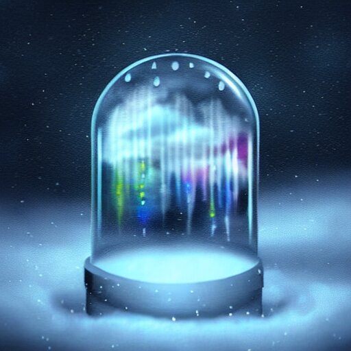 a rainstorm inside a snowglobe. Beautiful colorful clouds in moody greys and blues. High quality digital art, trending on artstation