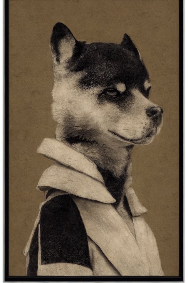 a portrait of a samurai shiba inu, in the art style of rembrandt, gilbert stuart, artistic, highly detailed, dark background, framed, 4 k, hyperrealistic 