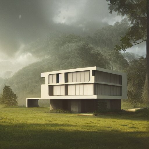 rectangular modernist house inspired by a tibetan palace, surrounded by thick collumns, two levels, in a field, big trees, clouds, dramatic lighting, artstation, matte painting, raphael lacoste, simon stalenhag, frank lloyd wright, drone view 