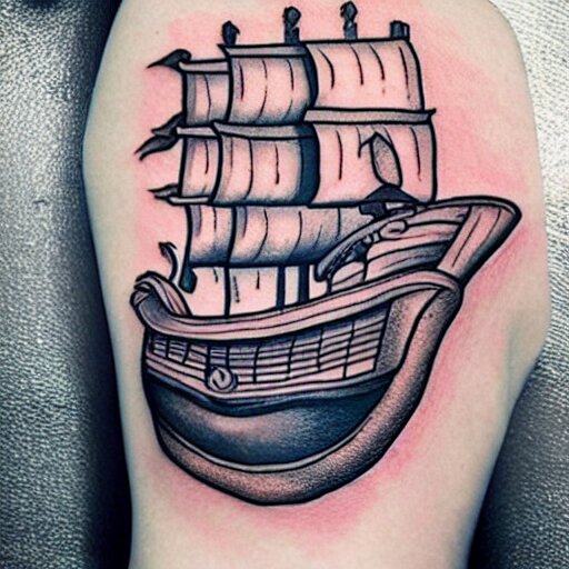 A pirate ship tattoo design in the style of Dmitriy Samohin, hyper realistic tattoo
