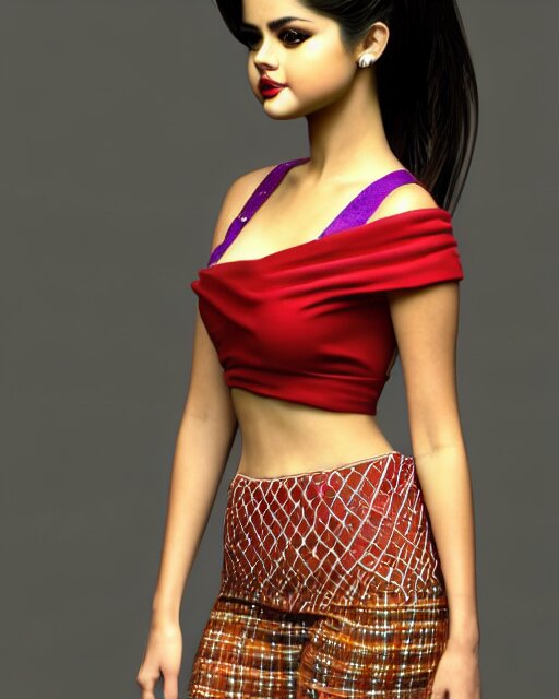 a beautiful selena gomez wearing modern stylish costume in the style of Assamese bihu mekhela sador gamosa design, commercial fashion design art by Chie Yoshii, face by artgerm and daz3d genesis iray, cinematic lighting, medium shot, mid-shot, slim female figure ramp walk model pose, highly detailed, trending on Artstation, Unreal Engine 4k, cinema 4d multi-pass ray traced, 8k fabric texture details, octane render, diffused natural skin glow