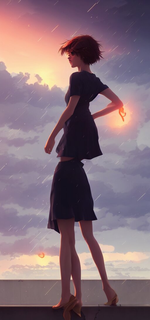 a beautiful british woman with short brown hair, gentle, somber amber eyes, standing on a rooftop, storm in the distance, basic clothing, digital art by makoto shinkai ilya kuvshinov and wojtek fus, digital art, concept art, 