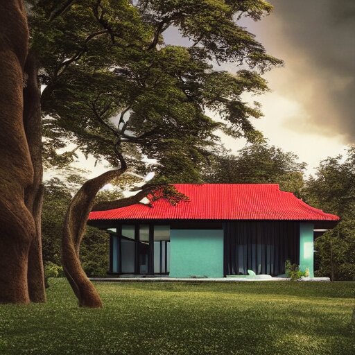 modernist house inspired by a tibetan palace on a hill, big green trees, colorful clouds, dramatic lighting, artstation, matte painting, raphael lacoste, simon stalenhag, frank lloyd wright, zaha hadid 