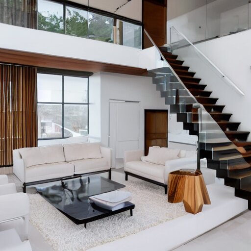 A modern style living room with floor to ceiling glass windows on the left and wooden stairs going upstairs on the right, two white sofas with a white marble table in the center, stairs to the second floor, 8k resolution, professional interior design photograph, wide angle photograph