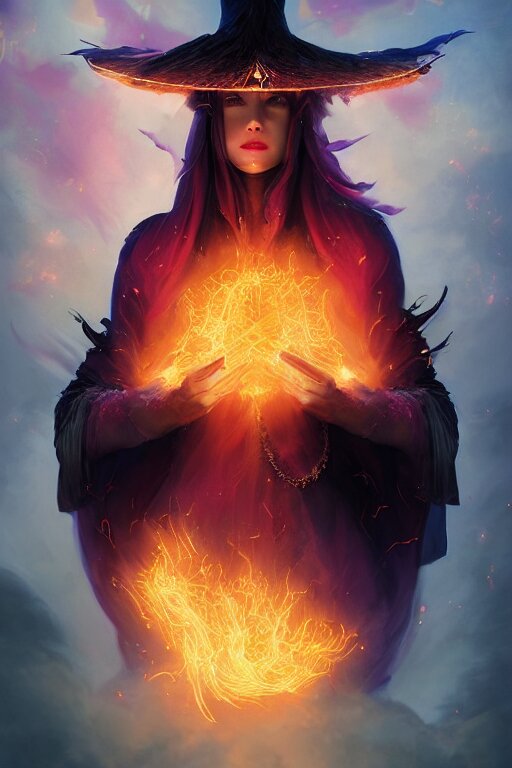 a fancy portrait of a beautiful dark magician women wearing a great witches hat covered in colourfull flames by Greg Rutkowski, Sung Choi, Mitchell Mohrhauser, Maciej Kuciara, Johnson Ting, Maxim Verehin, Peter Konig, final fantasy , mythical, 8k photorealistic, cinematic lighting, HD, high details, atmospheric,