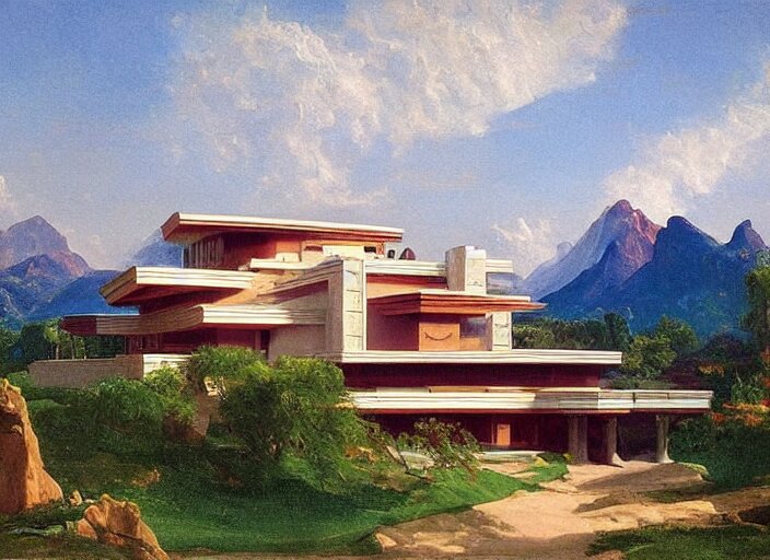 painting of a frank lloyd wright house in front of beautiful mountains by thomas cole 