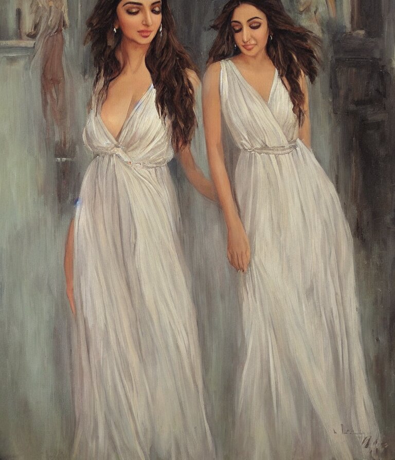 Kiara Advani in V-neck dress. history painting, dusk, flowy dress Kiara Advani, artstation, oil on canvas, by Albert Aublet, Private Collection