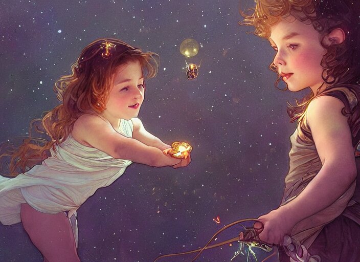 A cute little girl with shoulder length curly brown hair and a cute little boy with short blonde hair dancing with fireflies. beautiful fantasy art by By Artgerm and Greg Rutkowski and Alphonse Mucha, trending on artstation.