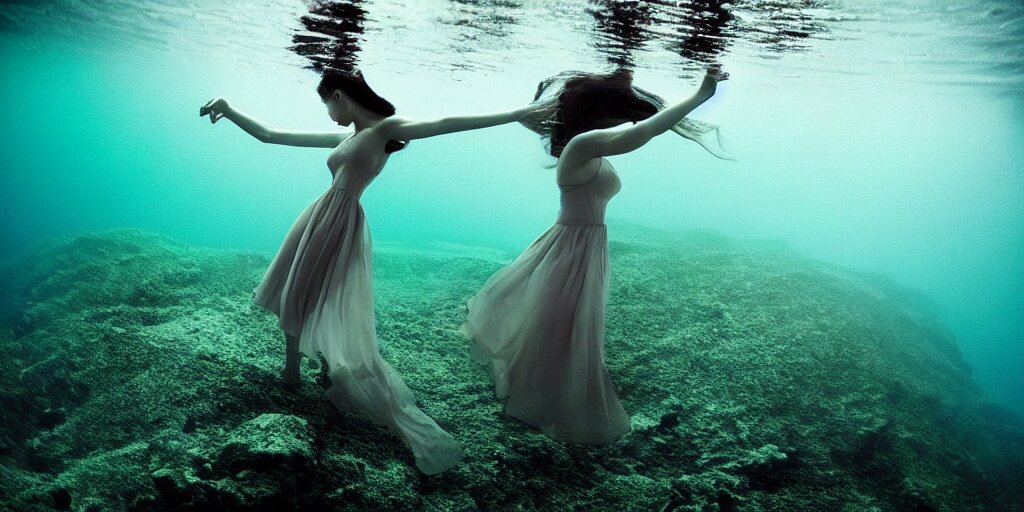 deep underwater photography of beautiful model in flat dress by emmanuel lubezki 